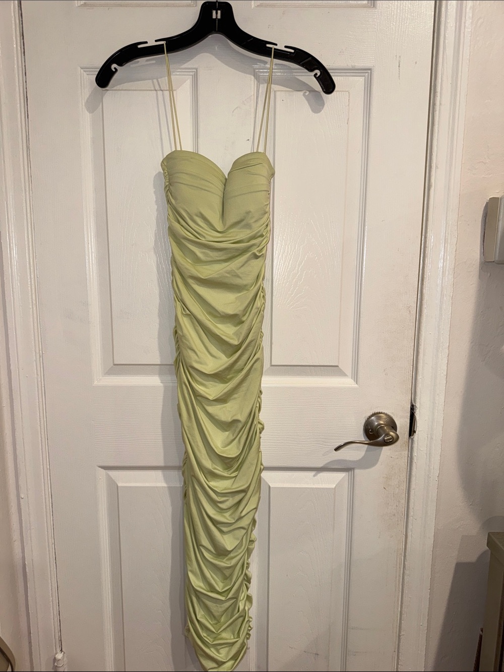 Oh Polly Strapless Ruched Bodycon Dress in Light Lime